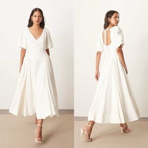 ARRANGE Premium Linen Look Twisted Shoulder Midi Dress White Size 8 $239